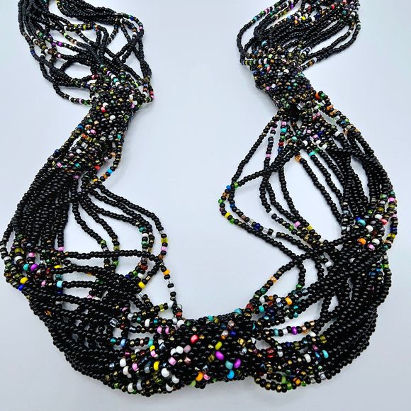 Glass Seed Bead Necklace Multi Strand Black Colorful Tubular Band Statement Boho - Picture 2 of 8
